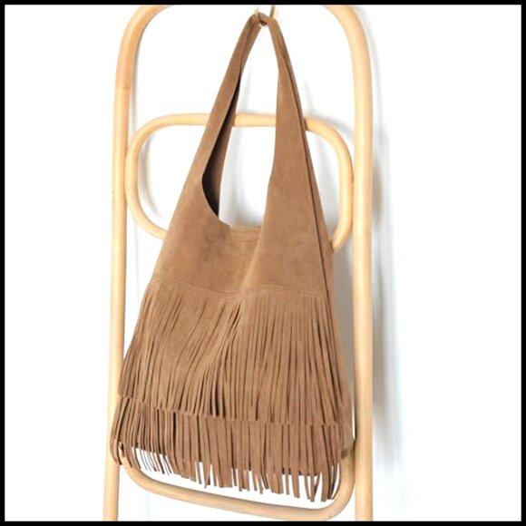 Faux Suede Hobo Bag Fringe Shoulder Handbag Boho Chic Slouchy Tote - Picture 4 of 7